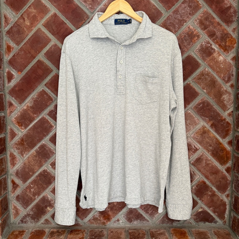 Polo Ralph Lauren Polo Shirt Mens L Gray Long Sleeve Cotton Pocket Jersey Logo